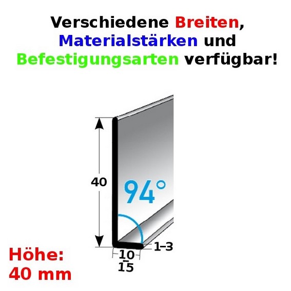 Fußleiste / Sockelleiste (TYP 4) aus Edelstahl, Höhe: 4 mm, mit verschiedenen Breiten, Materialstärken und Befestigungsarten, Winkel: 94° (Default)